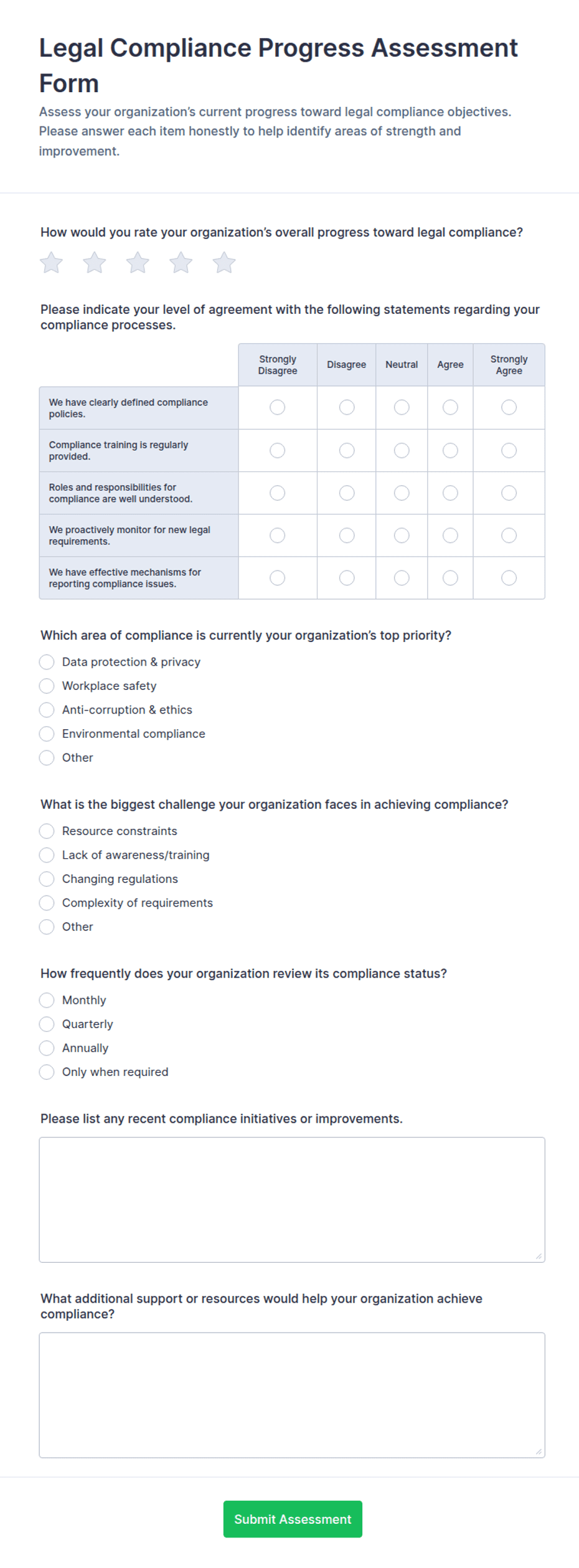 Legal Compliance Progress Assessment Form Template | Jotform