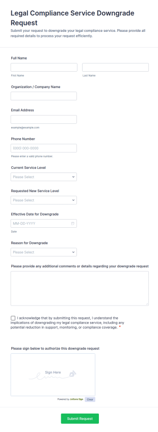 Legal Compliance Service Downgrade Request Form Template