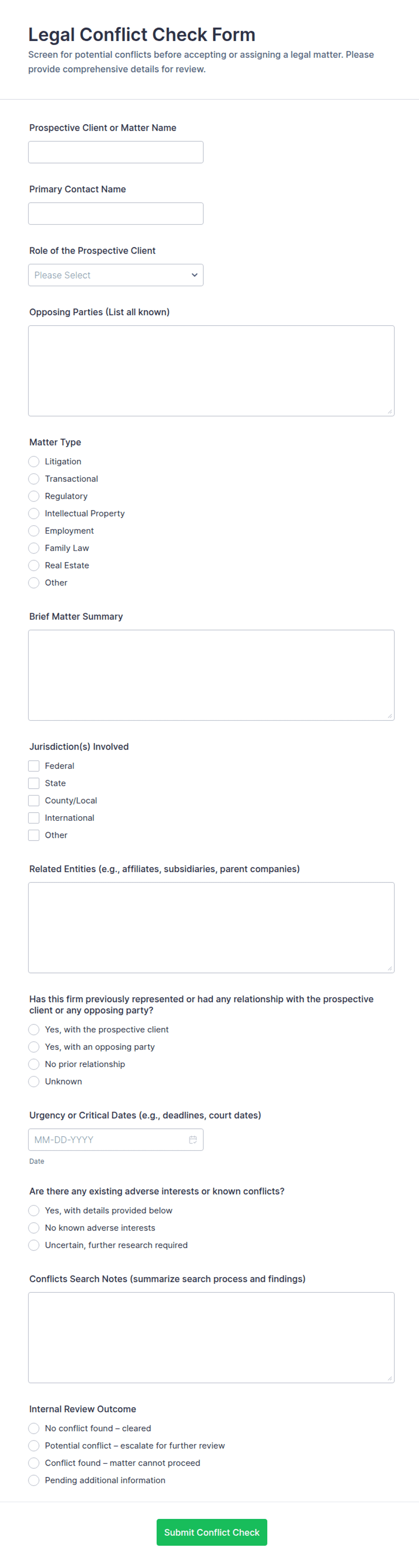 Legal Conflict Check Form Template | Jotform
