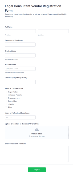 Legal Consultant Vendor Registration Form Template