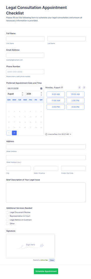 Legal Consultation Appointment Checklist Form Template