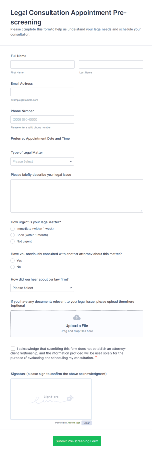 Legal Consultation Appointment Pre Screening Form Template