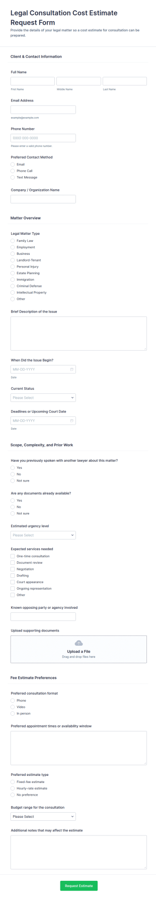 Legal Consultation Cost Estimate Request Form Template