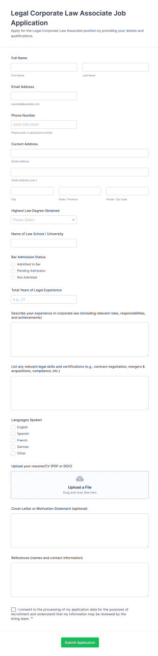 Legal Corporate Law Associate Job Application Form Template