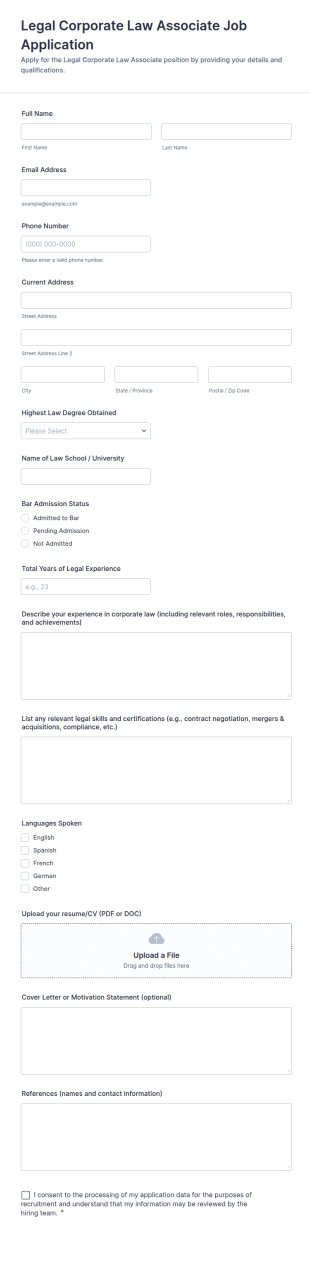 Legal Corporate Law Associate Job Application Form Template