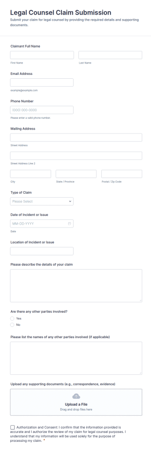 Legal Counsel Claim Submission Form Template