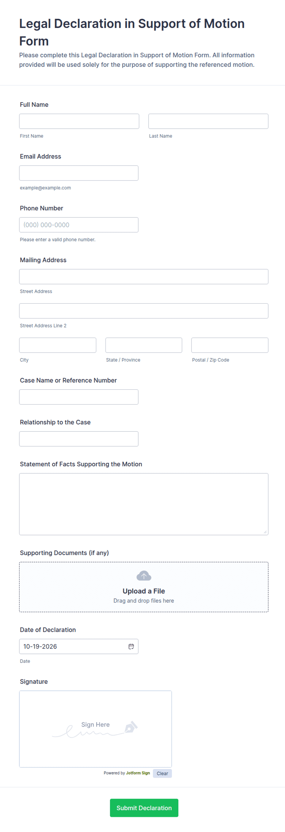 Legal Declaration in Support of Motion Form Template | Jotform