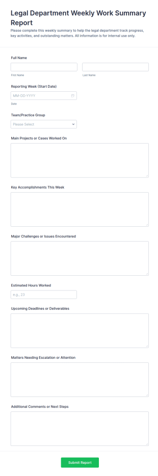 Legal Department Weekly Work Summary Report Form Template