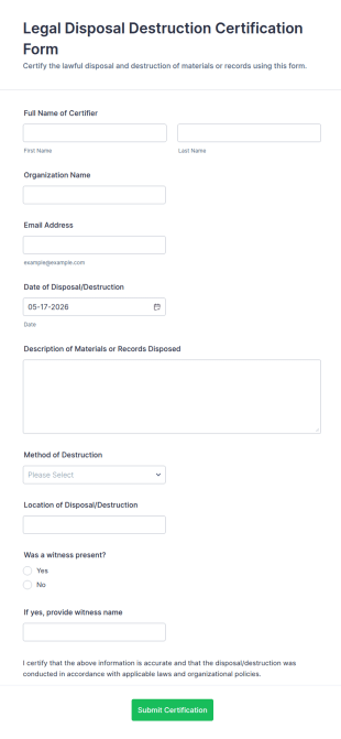 Legal Disposal Destruction Certification Form Template