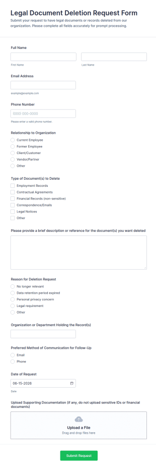 Legal Document Deletion Request Form Template