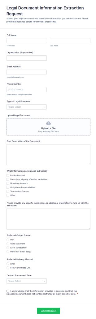 Legal Document Information Extraction Request Form Template