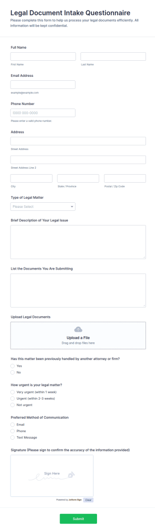 Legal Document Intake Questionnaire Form Template