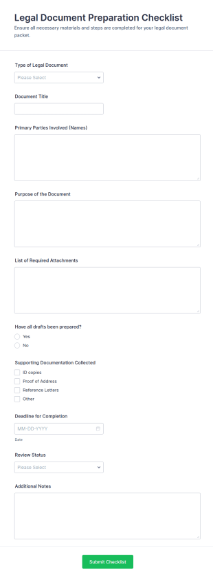Legal Document Preparation Checklist Form Template