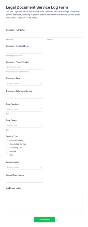 Legal Document Service Log Form Template