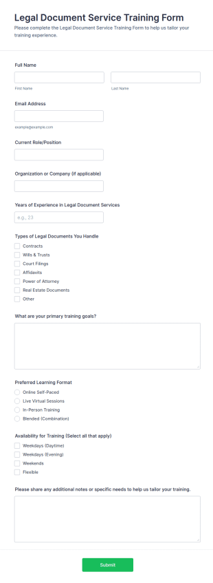 Legal Document Service Training Form Template