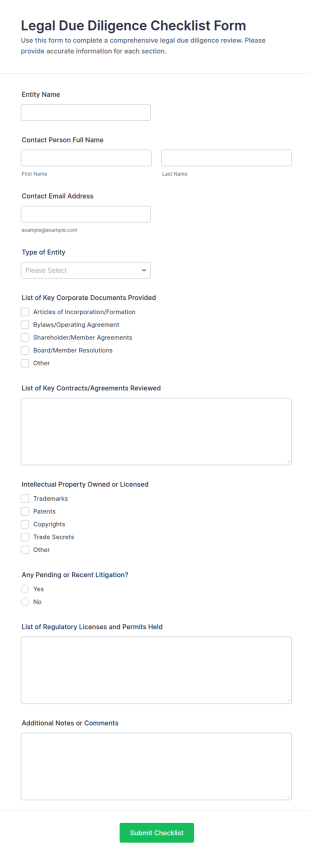 Legal Due Diligence Checklist Form Template