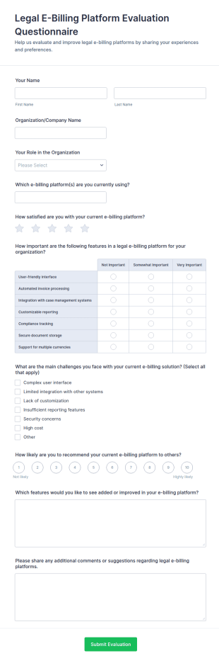 Legal E Billing Platform Evaluation Questionnaire Form Template