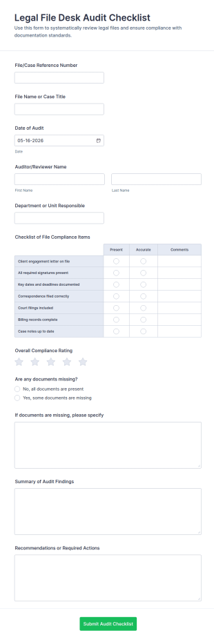 Legal File Desk Audit Checklist Form Template