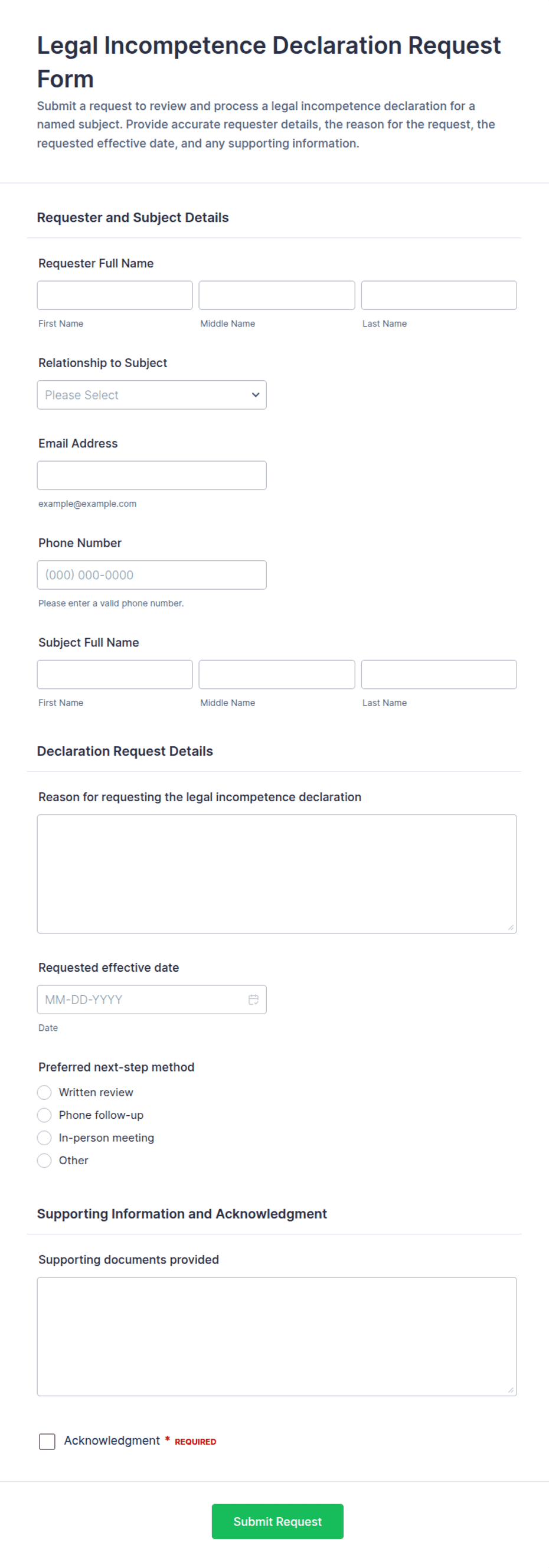 Booking Declaration Form Legal Incompetence Declaration Request Form Template | Jotform