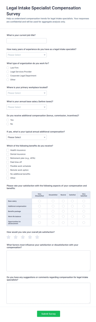 Legal Intake Specialist Compensation Survey Form Template