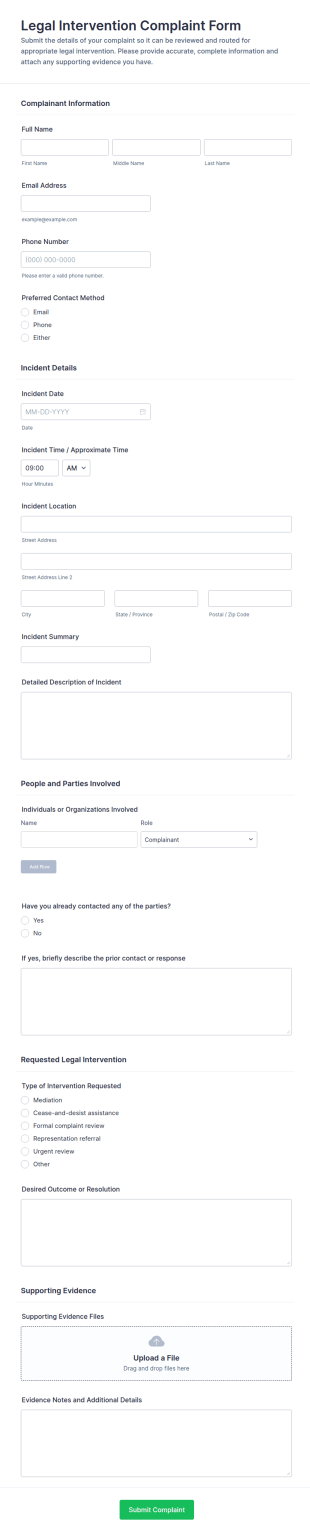 Legal Intervention Complaint Form Template