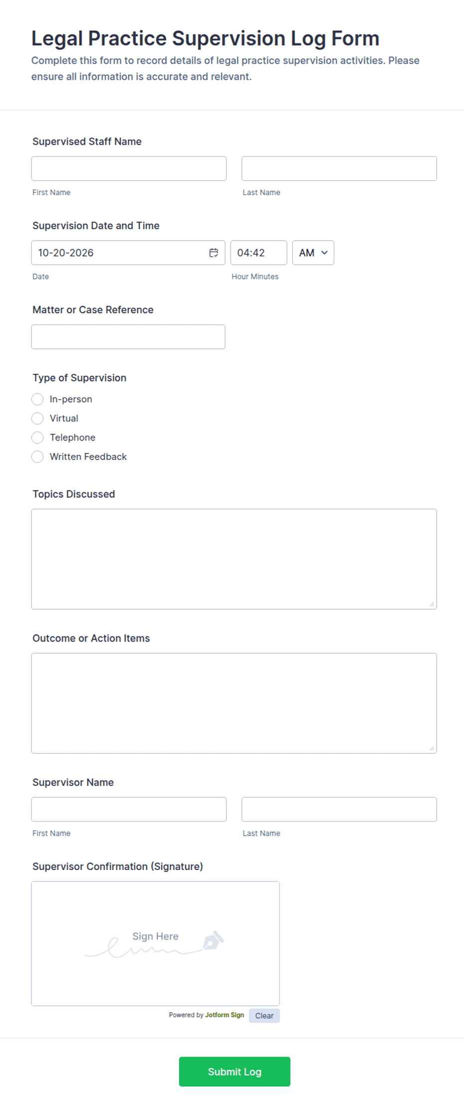 Legal Practice Supervision Log Form Template | Jotform