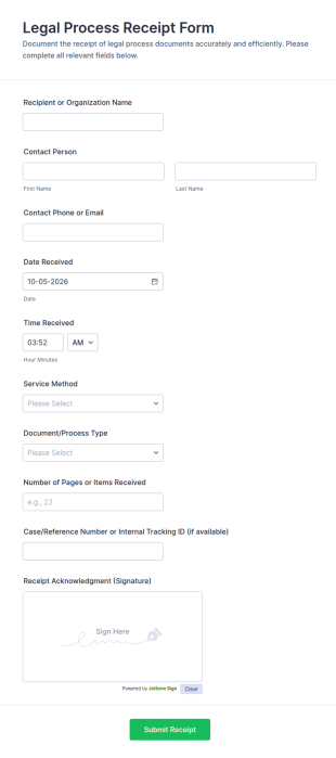 Legal Process Receipt Form Template