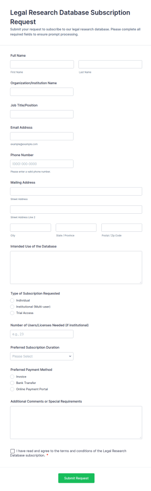 Legal Research Database Subscription Request Form Template