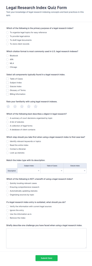 Legal Research Index Quiz Form Template