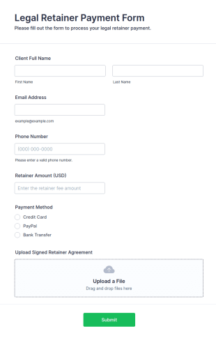 Legal Retainer Payment Form Template