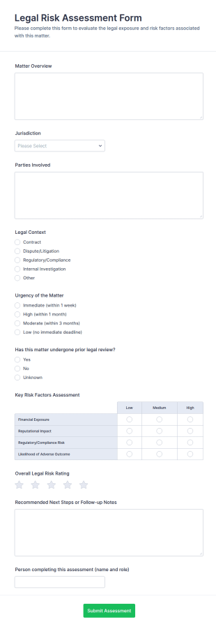 Legal Risk Assessment Form Template