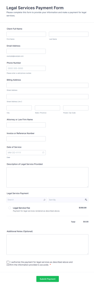 Legal Services Payment Form Template