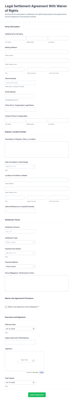 Legal Settlement Agreement With Waiver Of Rights Form Template