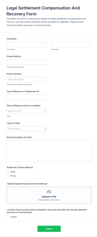 Legal Settlement Compensation And Recovery Form Template