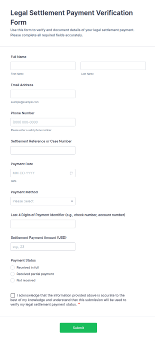 Legal Settlement Payment Verification Form Template
