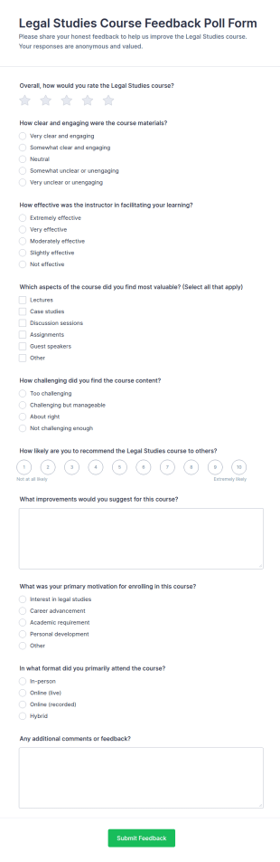 Legal Studies Course Feedback Form Template