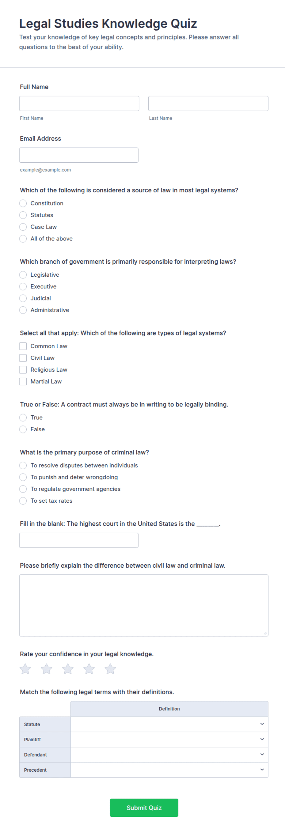 Legal Studies Knowledge Quiz Form Template | Jotform