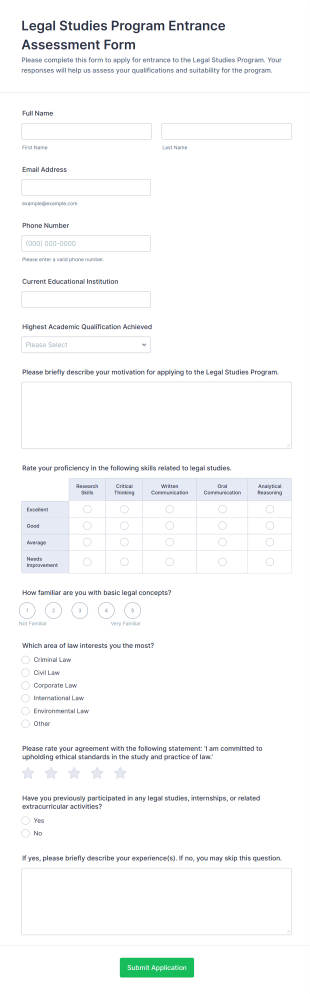 Legal Studies Program Entrance Assessment Form Template