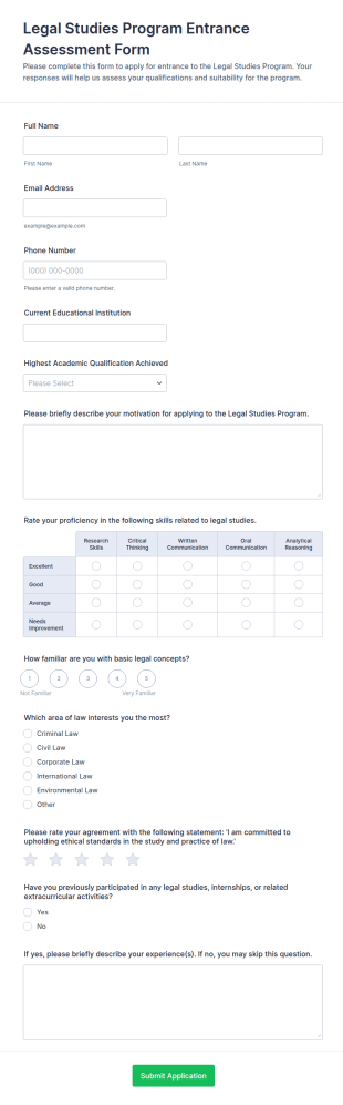 Legal Studies Program Entrance Assessment Form Template