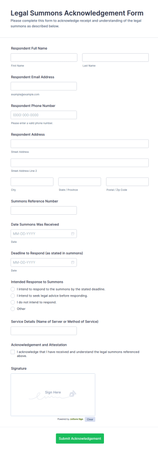 Legal Summons Acknowledgement Form Template