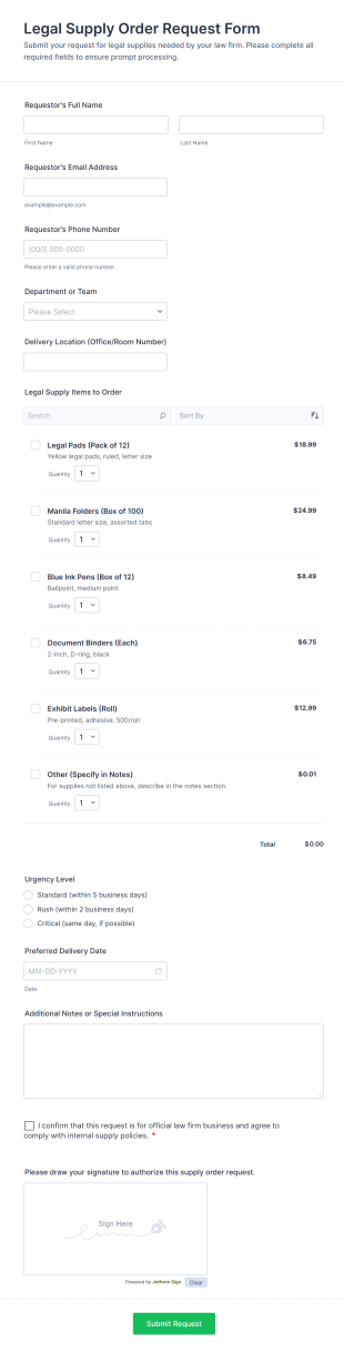 Legal Supply Order Request Form Template