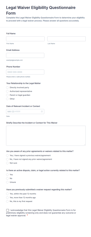 Legal Waiver Eligibility Questionnaire Form Template