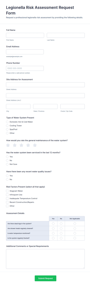 Legionella Risk Assessment Request Form Template