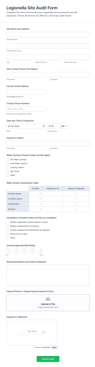 Legionella Site Audit Form Template