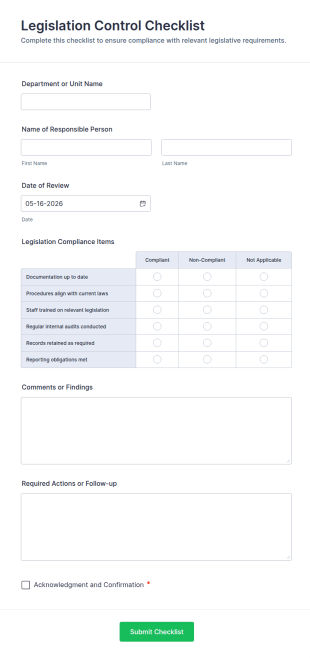 Legislation Control Checklist Form Template