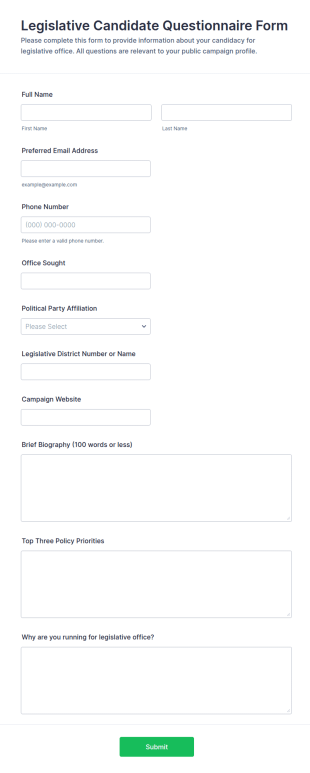 Legislative Candidate Questionnaire Form Template
