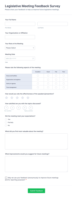 Legislative Meeting Feedback Survey Form Template