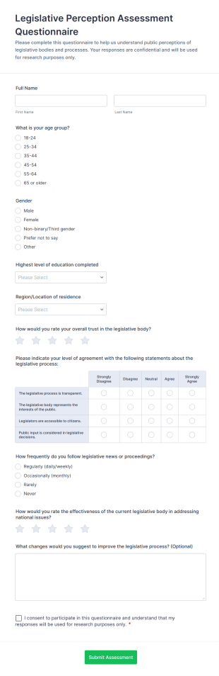 Legislative Perception Assessment Questionnaire Form Template