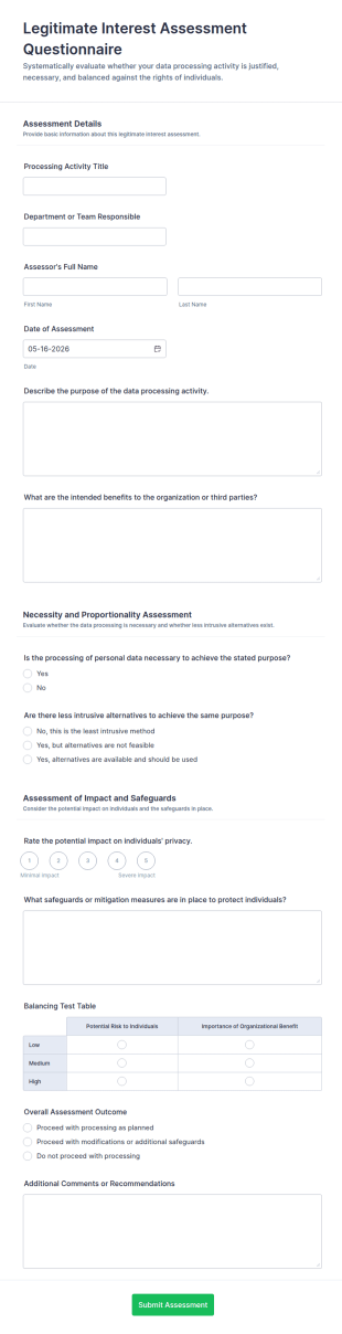 Legitimate Interest Assessment Questionnaire Form Template