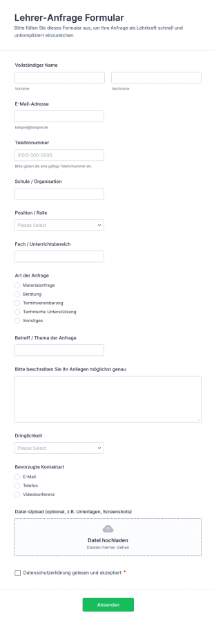 Lehrer Anfrageformular